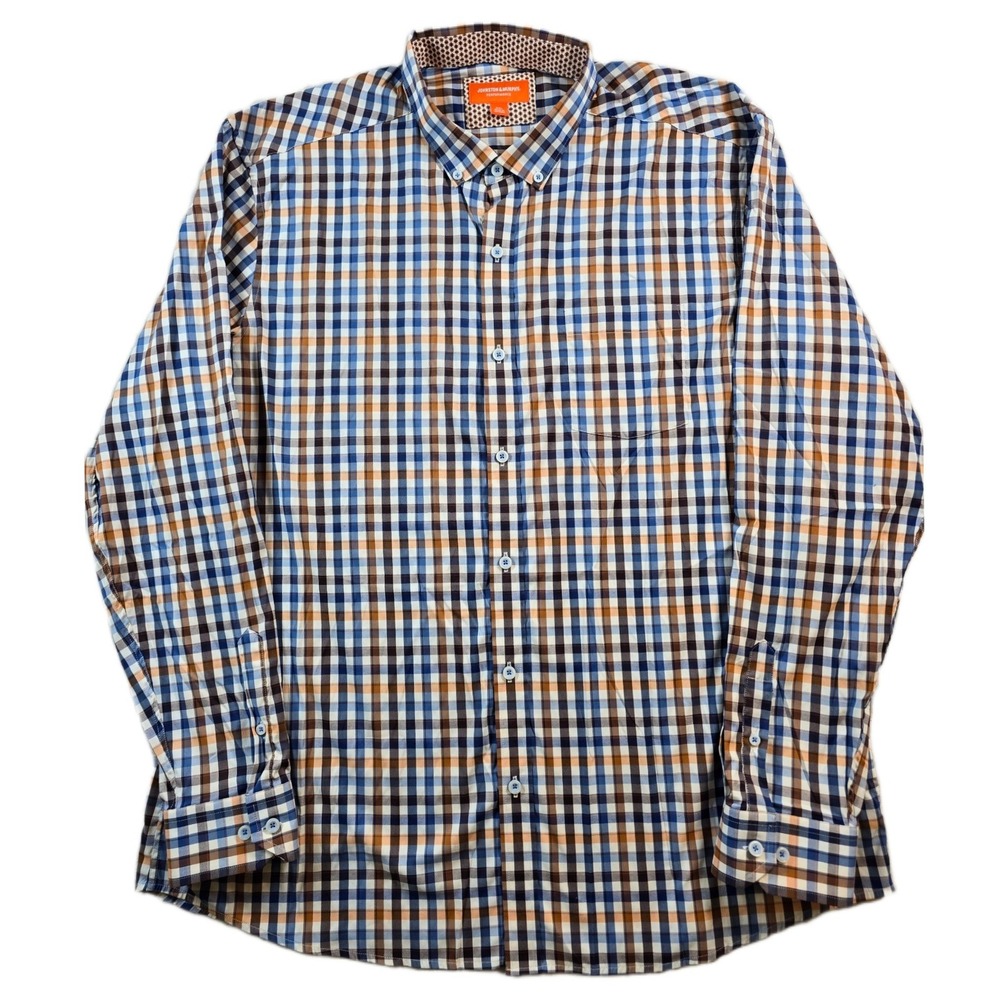 Johnston & Murphy Performance Shirt Mens 2XL Blue Orange Plaid Nylon Button
